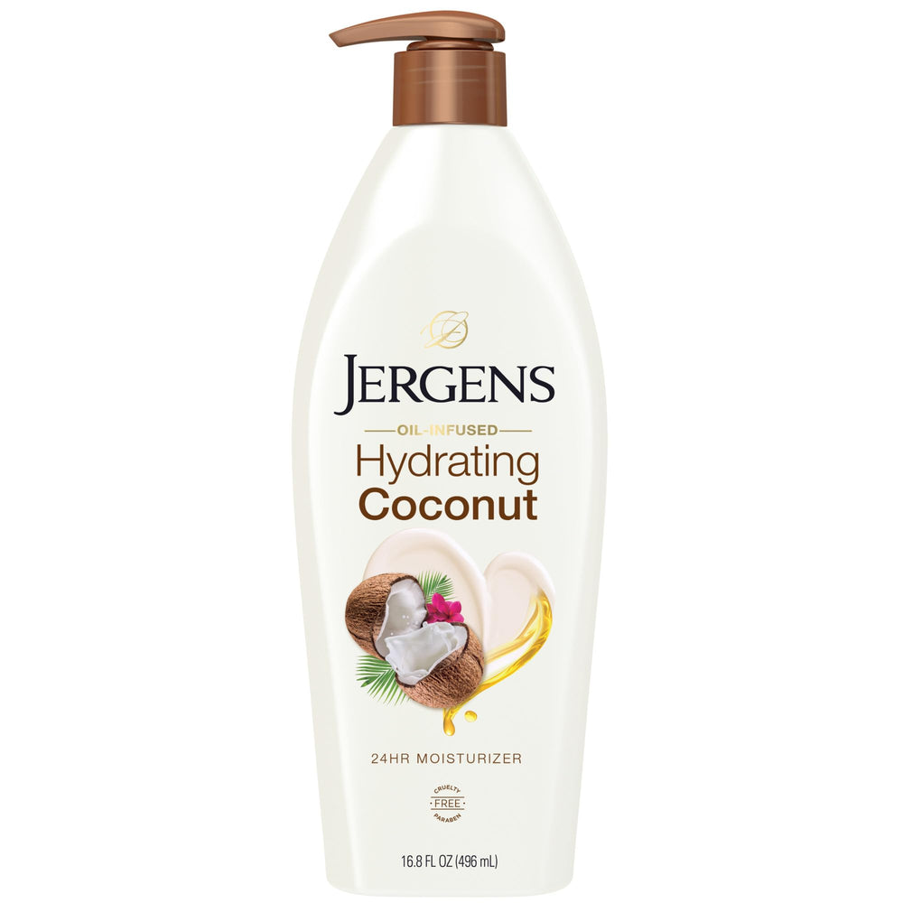 Jergens front packaging showing bottle and tropical scent for visible moisture