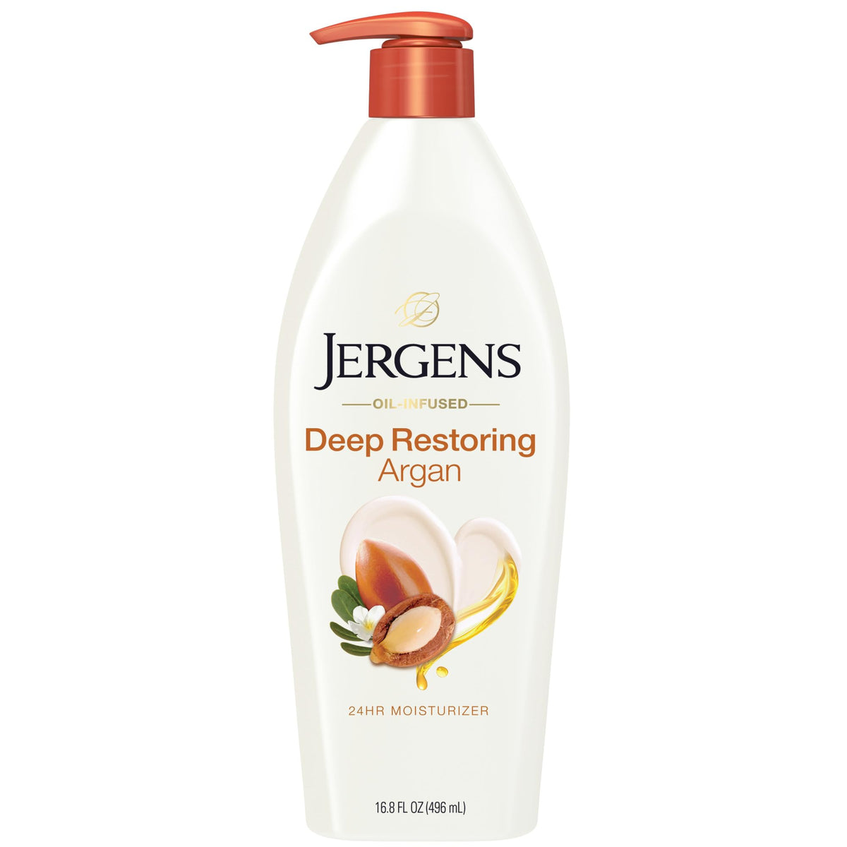 Jergens front packaging showing bottle and pump, benefits quick hydration