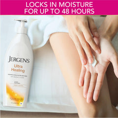 Jergens being used on heels to visibly soften and hydrate rough areas