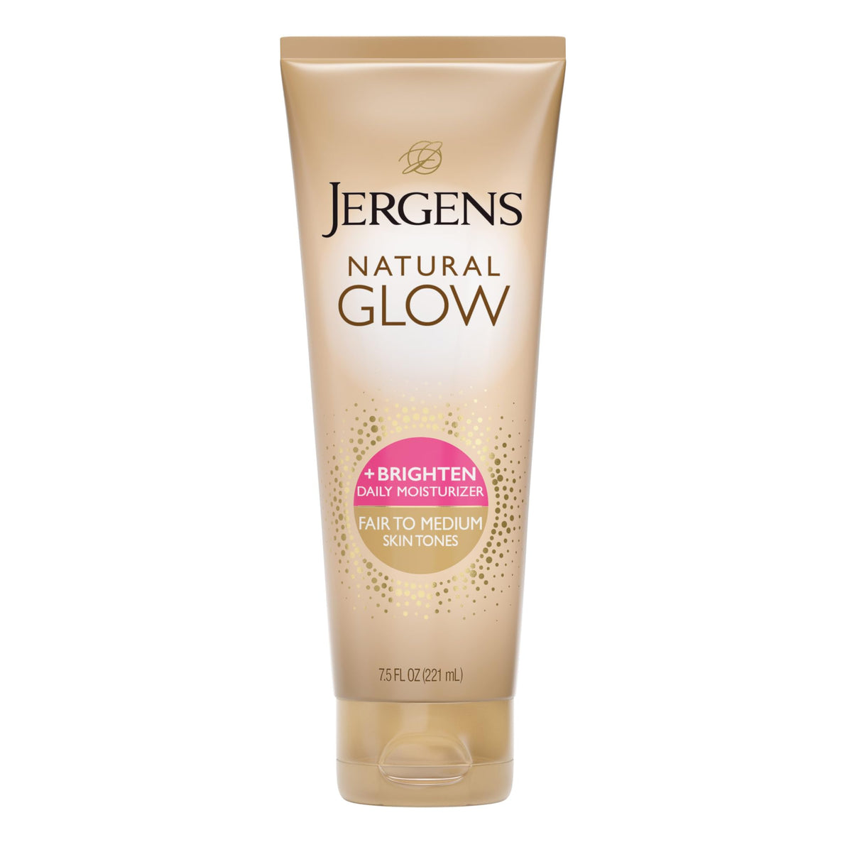 Jergens front packaging 7.5 oz showing product and confident daily glow