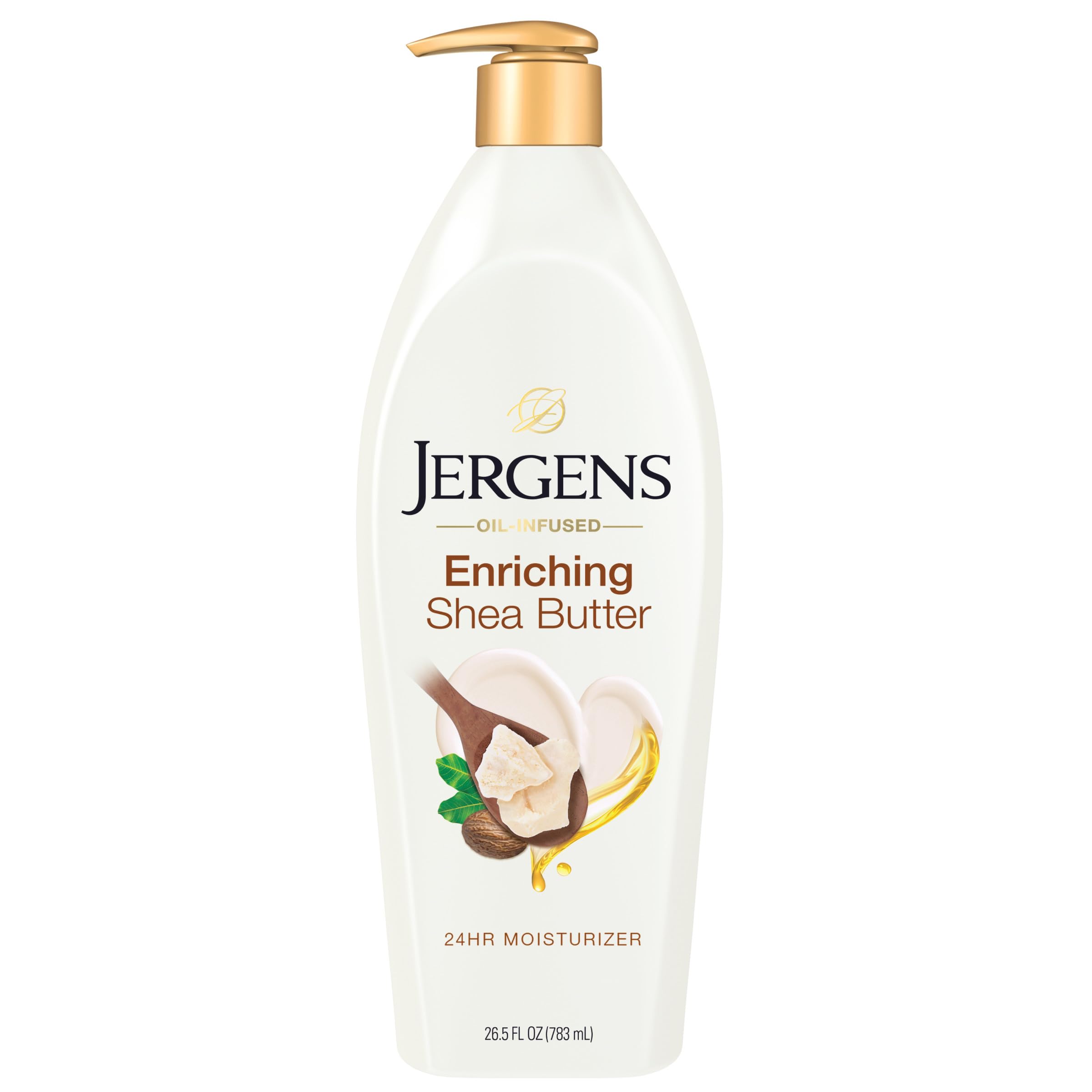 Jergens front pump bottle showing brand and large size benefit