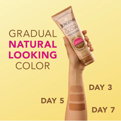 Jergens on lower leg in lifestyle shot, shows natural-looking gradual tan
