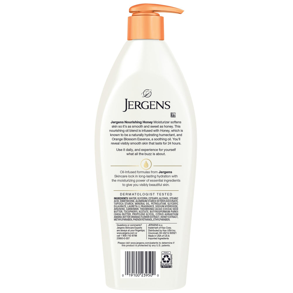 Jergens bottle beside common items showing 16.8 oz scale benefit