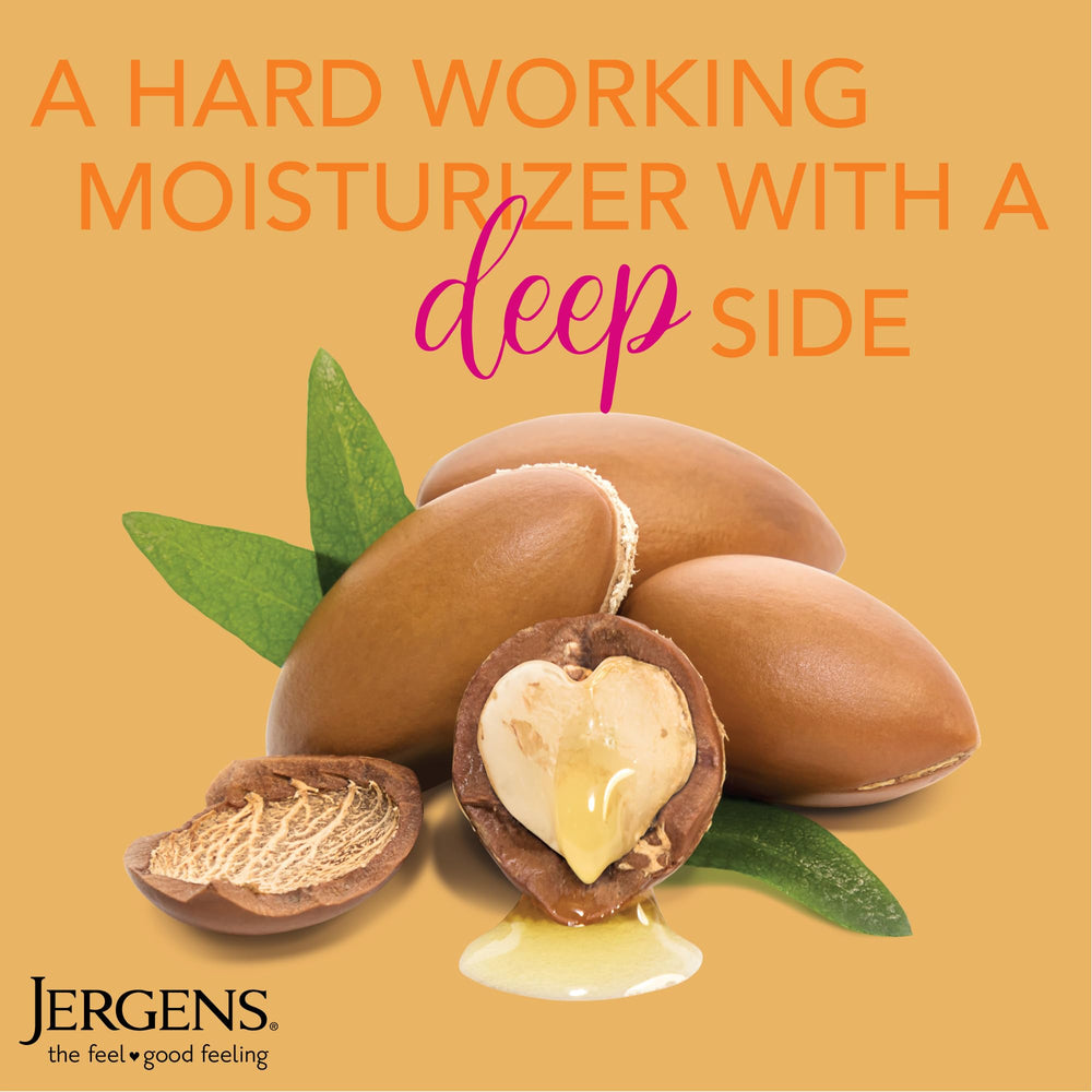 Jergens ingredient label close-up, displays argan oil and vitamin E benefits