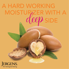 Jergens ingredient label close-up, displays argan oil and vitamin E benefits