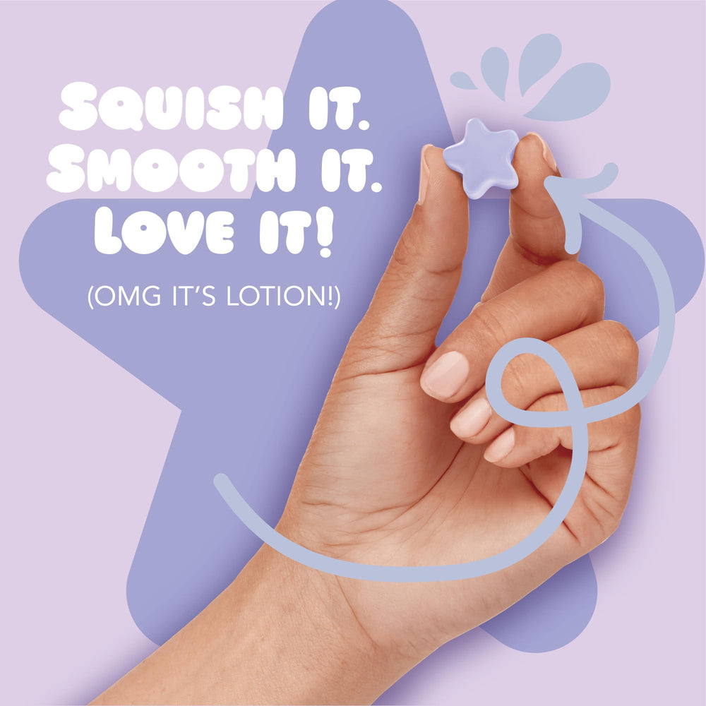 Hand squeezing a Jergens burst to release lotion demonstrating easy use