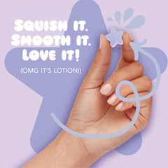 Hand squeezing a Jergens burst to release lotion demonstrating easy use