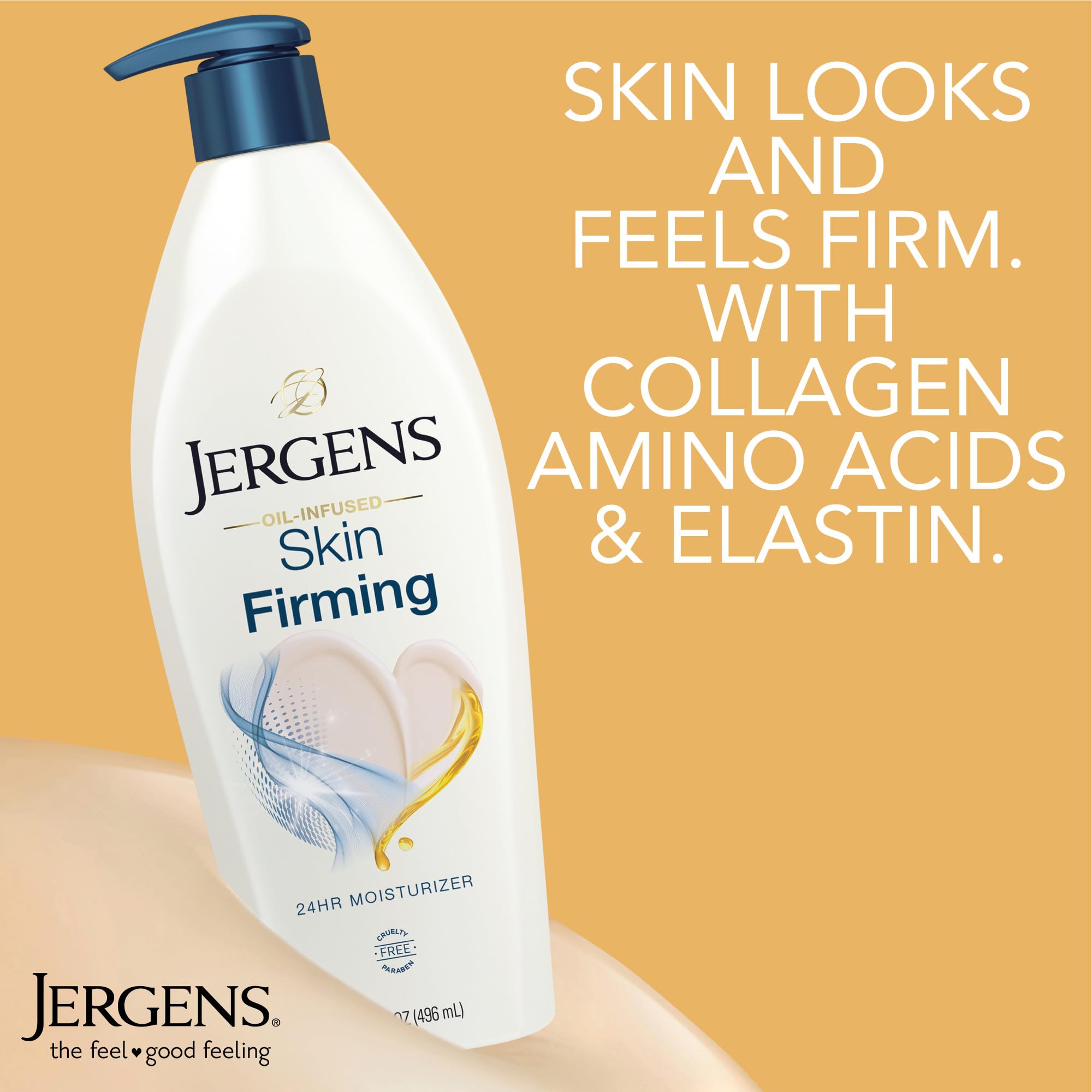 Jergens lotion being smoothed onto arm to show visible softening and improved skin tone