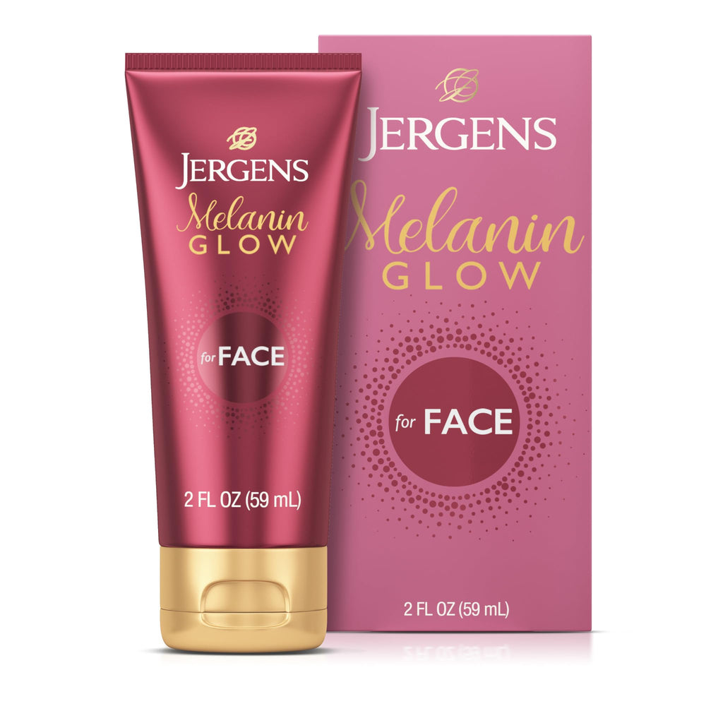 Jergens Melanin Glow front packaging showing product label and tube, radiance boost
