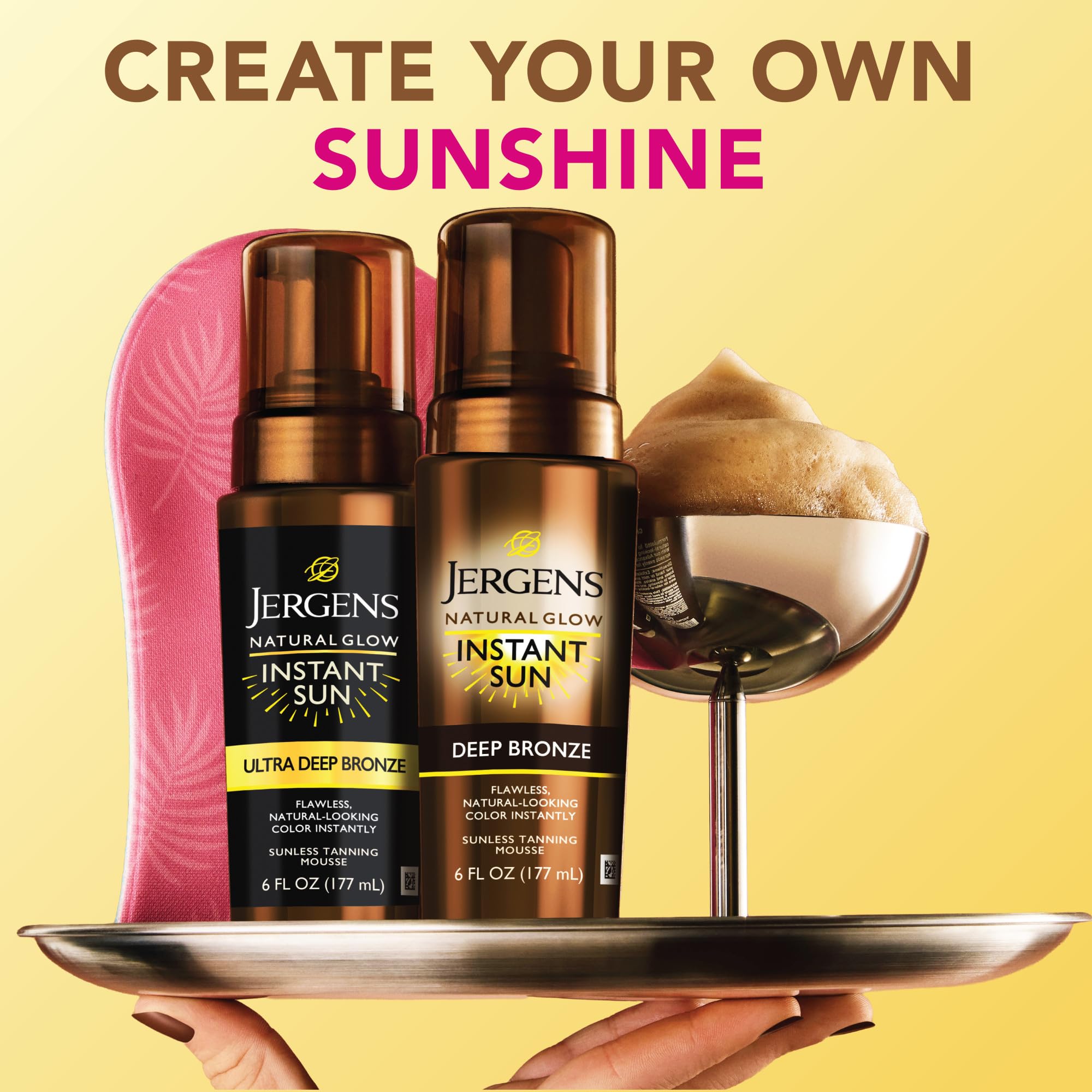 Jergens mousse on tanning mitt showing mess-free, even application