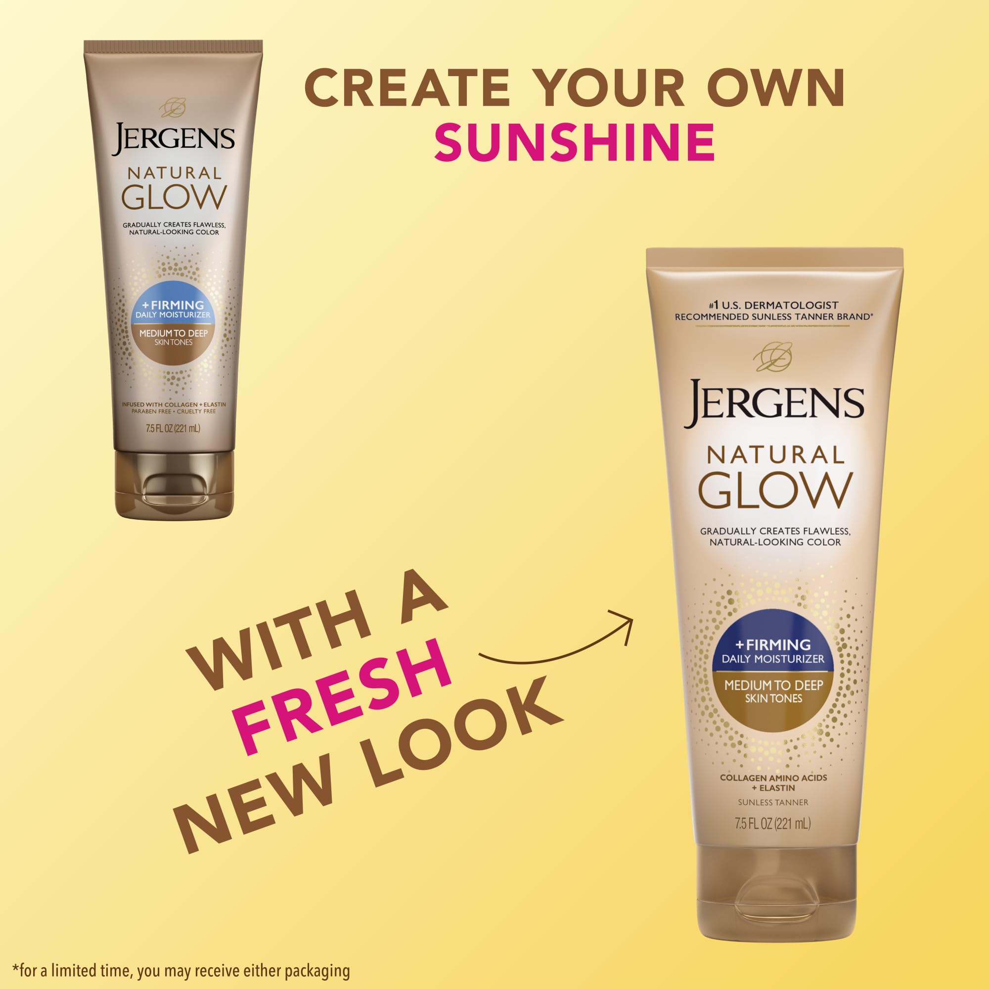 Jergens label close-up highlighting medium to tan shade and firming benefits