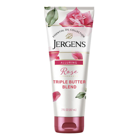 Jergens jar front view showing rose body butter and nourishing benefits