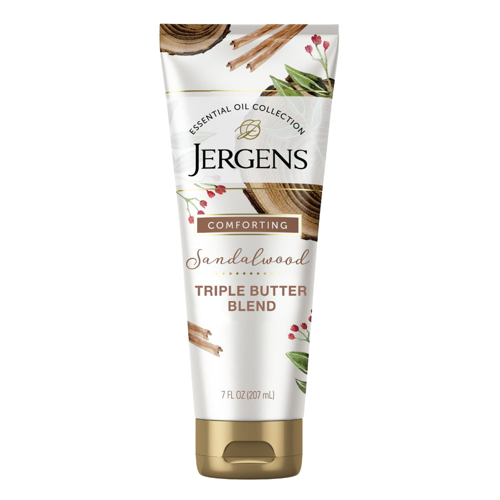 Jergens front packaging shows sandalwood scent and nourishing benefit