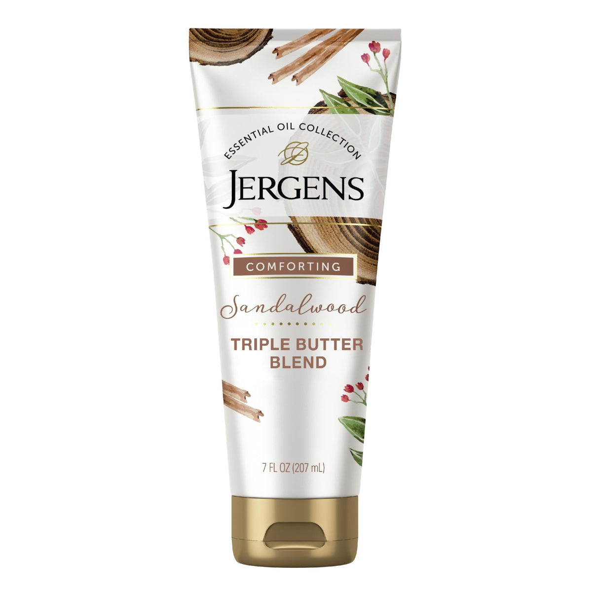 Jergens front packaging shows sandalwood scent and nourishing benefit