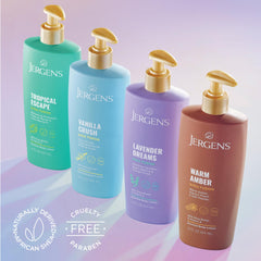 Jergens bottle on bathroom counter illustrating easy daily use and soft skin result