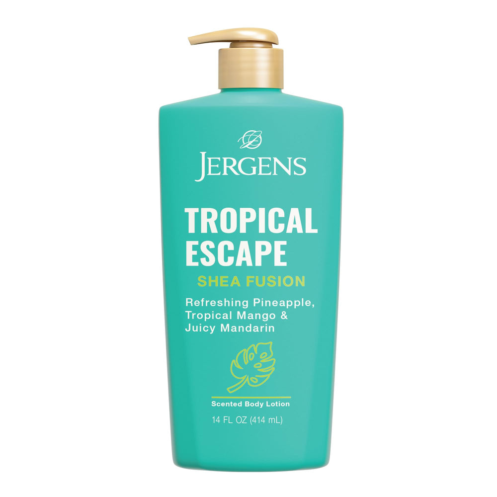 Jergens bottle front view showing Tropical Escape scent and benefit of long-lasting hydration