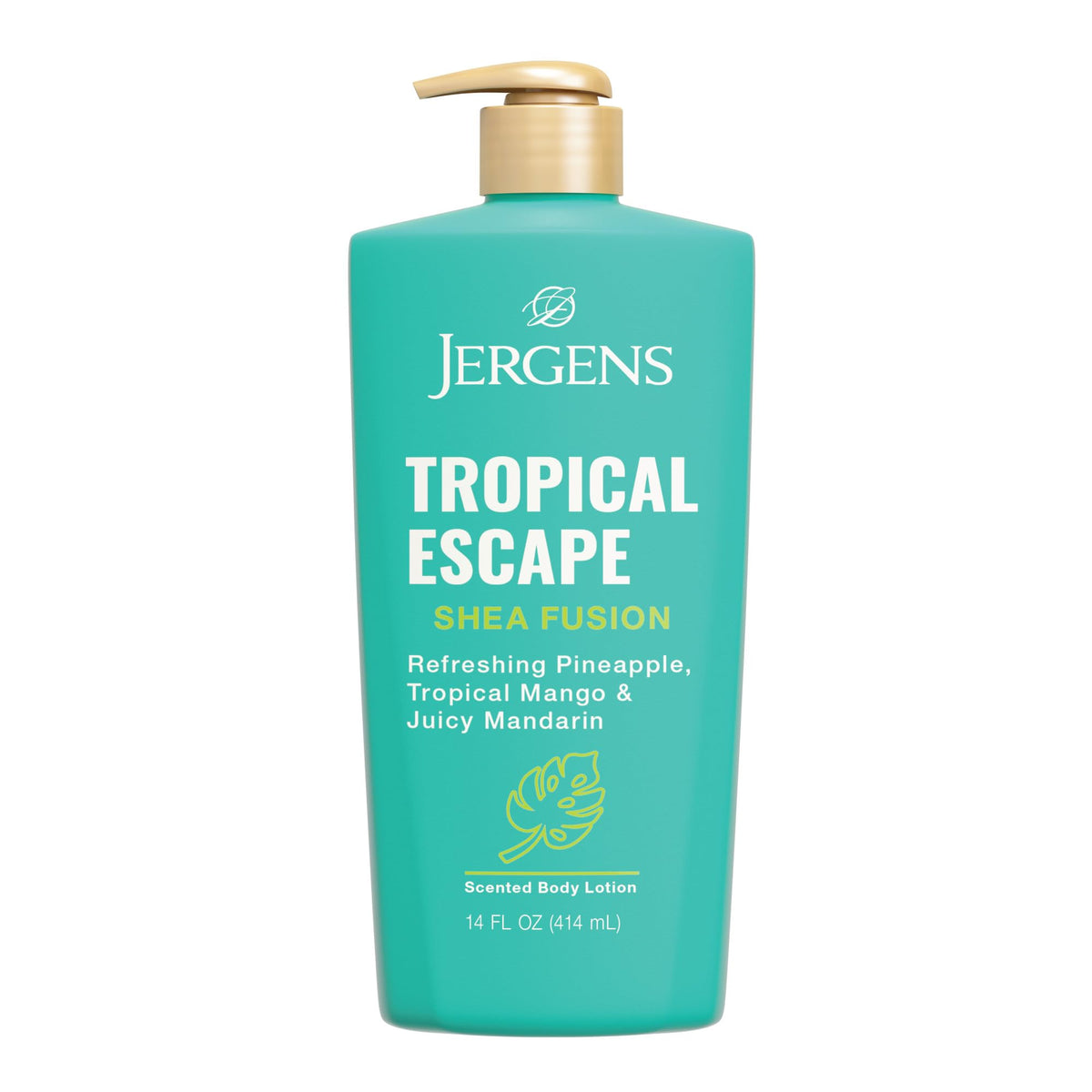 Jergens bottle front view showing Tropical Escape scent and benefit of long-lasting hydration