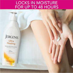 Jergens lotion texture pouring from pump for rich, fast-absorbing moisture