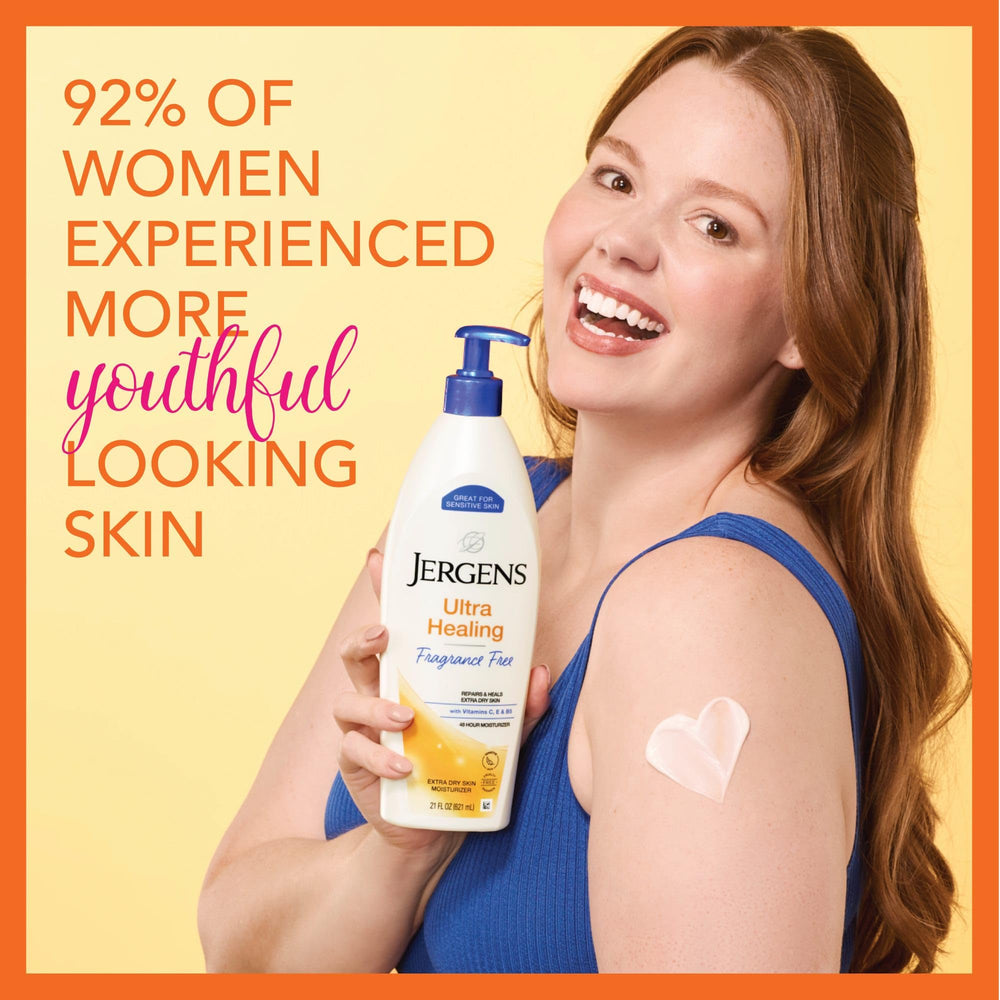 Jergens lotion pouring from bottle to show creamy texture and fast absorption