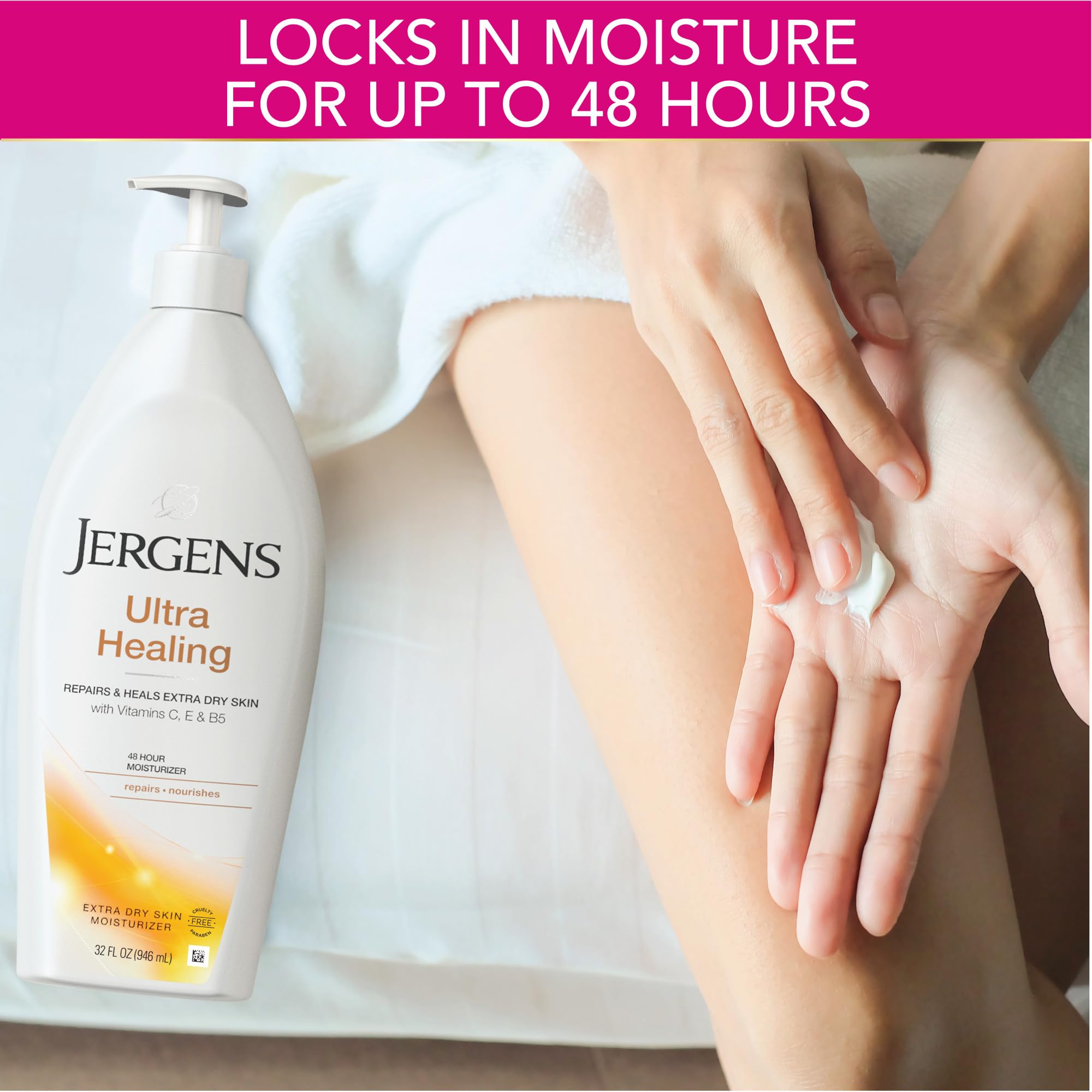 Creamy white lotion texture on skin by Jergens showing smooth spreadability benefit