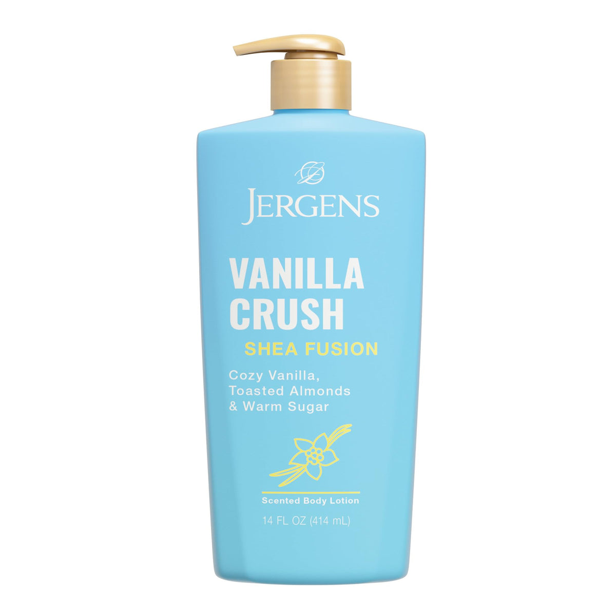Jergens bottle front packaging showing Vanilla Crush scent and benefits