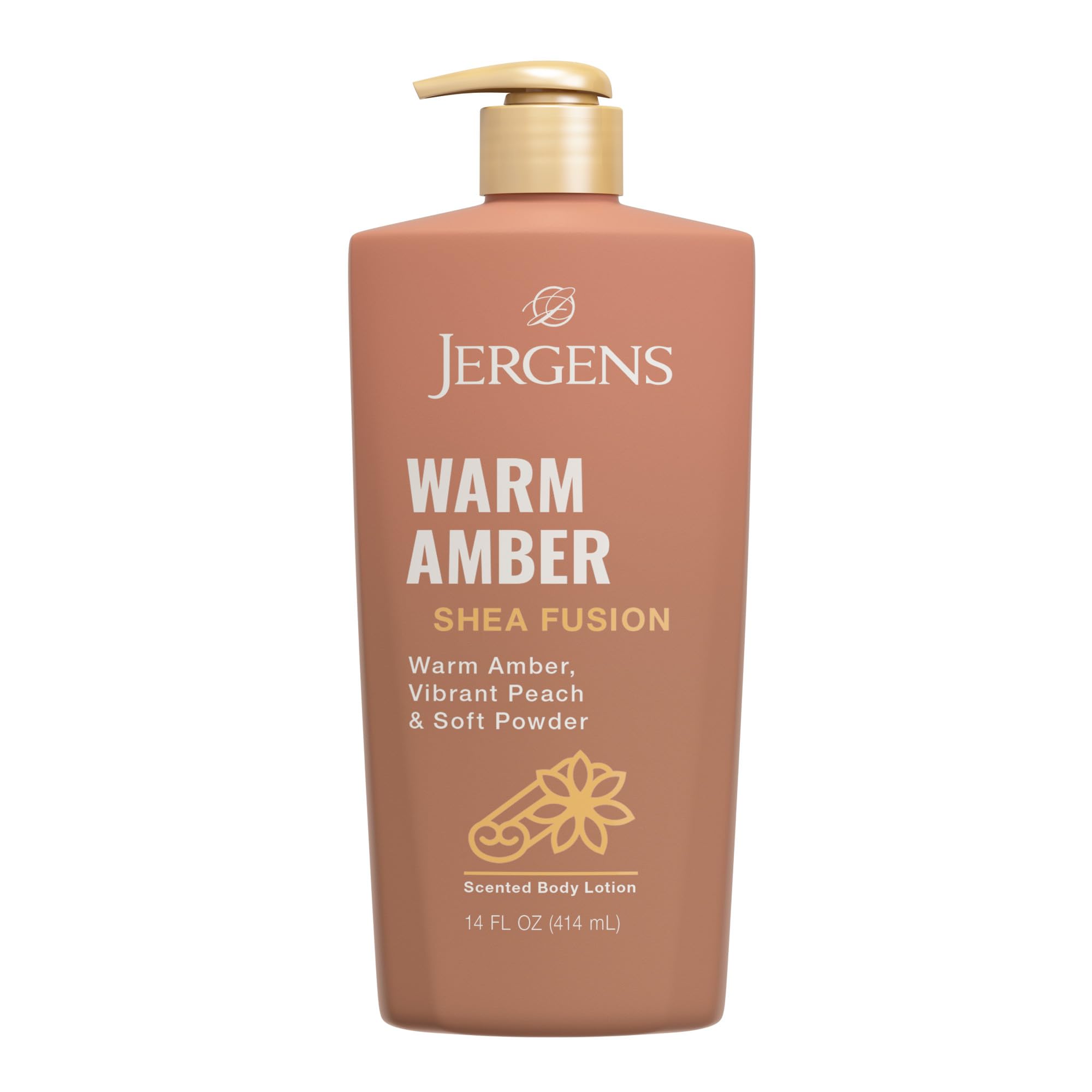 Jergens bottle front view showing warm amber scent and benefits
