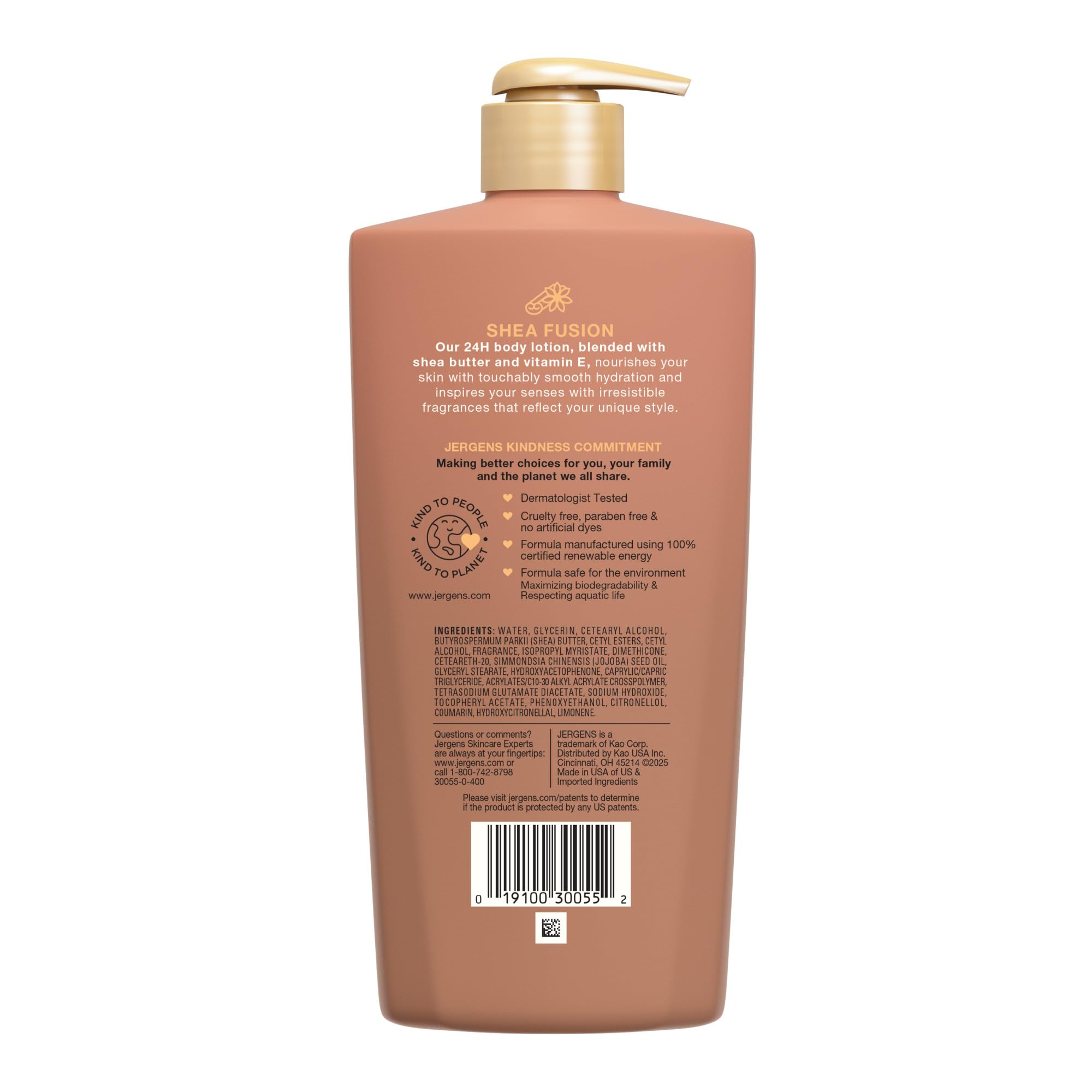 Shea butter and peach still life with Jergens bottle conveying nourishing scent