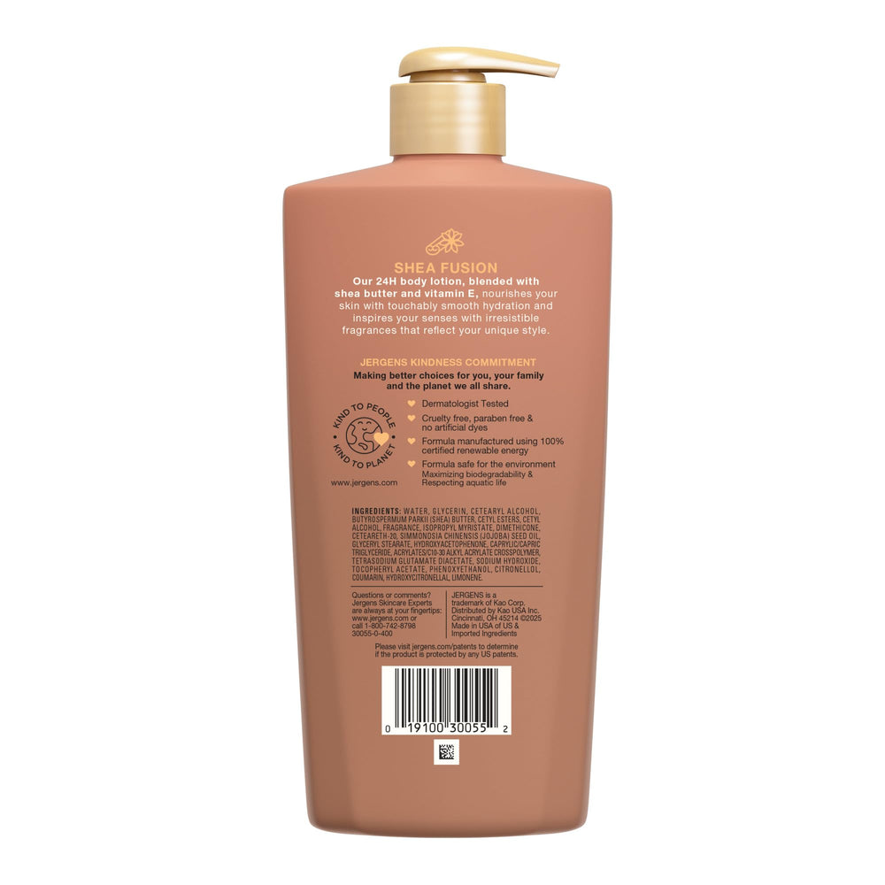 Shea butter and peach still life with Jergens bottle conveying nourishing scent