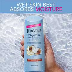 Jergens bottle placed on shower shelf showing convenient wet-skin application
