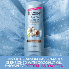 Coconut halves next to Jergens bottle highlighting coconut oil nourishment benefit