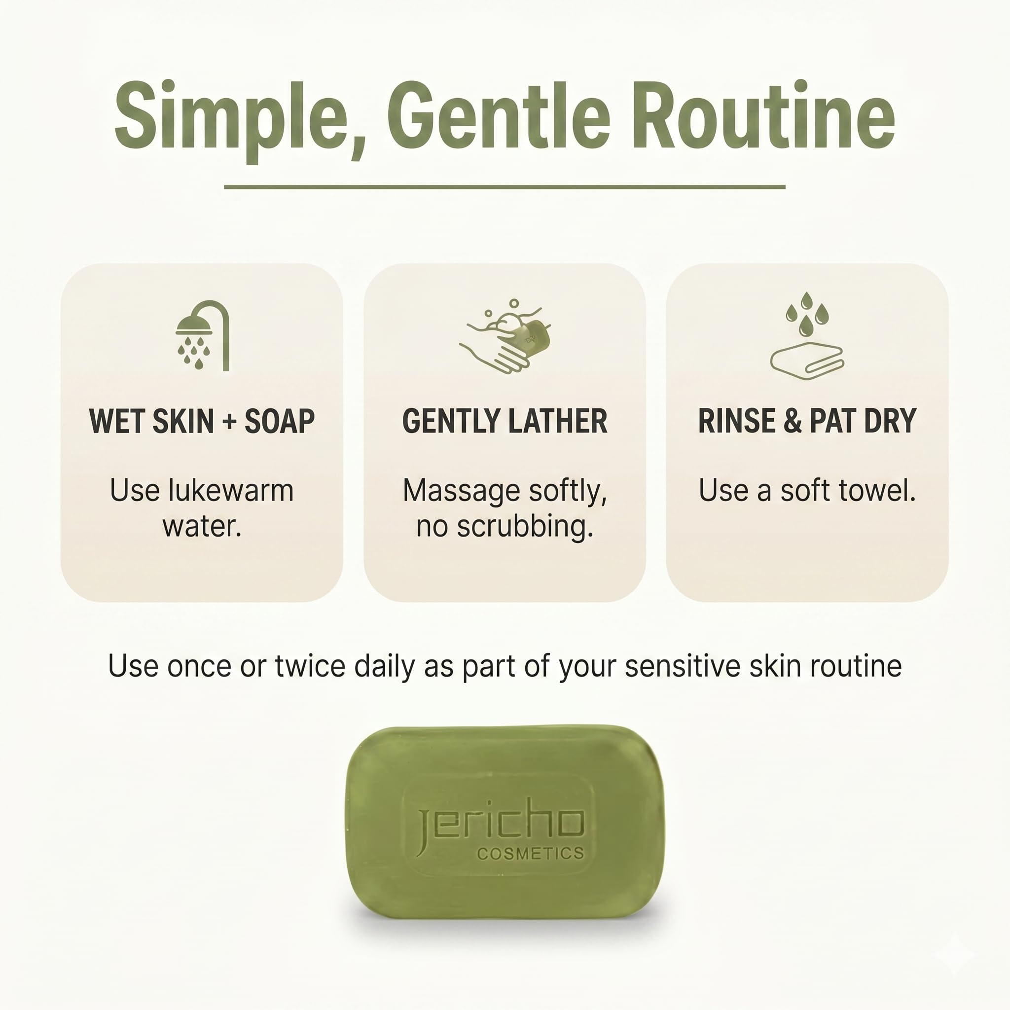 Jericho bar on bathroom shelf in lifestyle scene promoting calming, low‑irritant routine