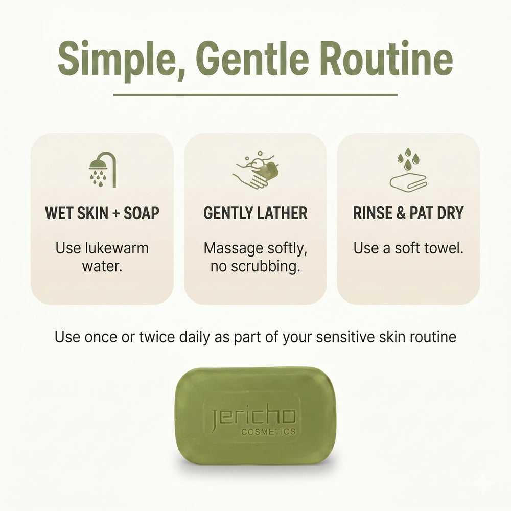 Jericho bar on bathroom shelf in lifestyle scene promoting calming, low‑irritant routine