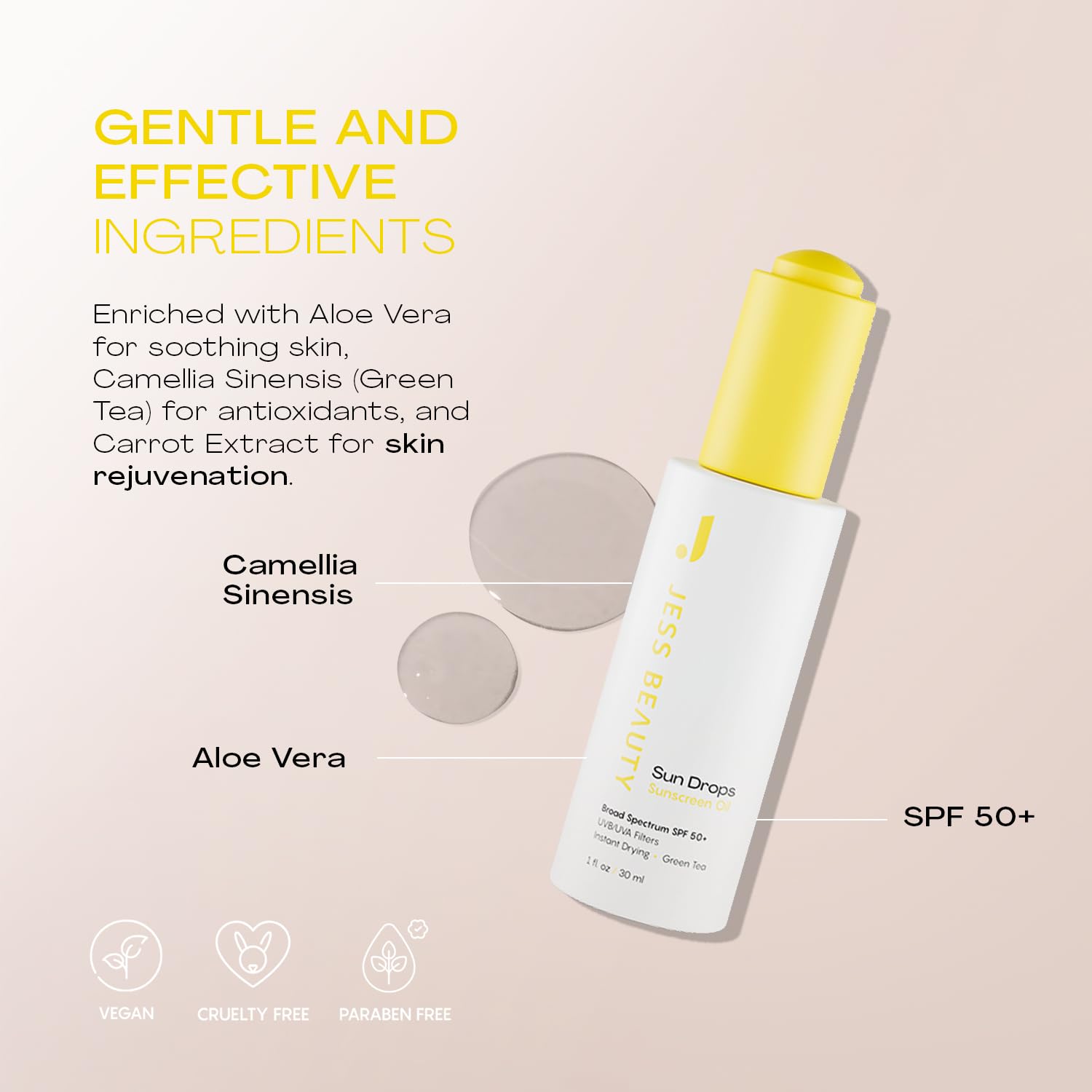 JESS BEAUTY 1 fl oz bottle next to common items for size clarity benefit