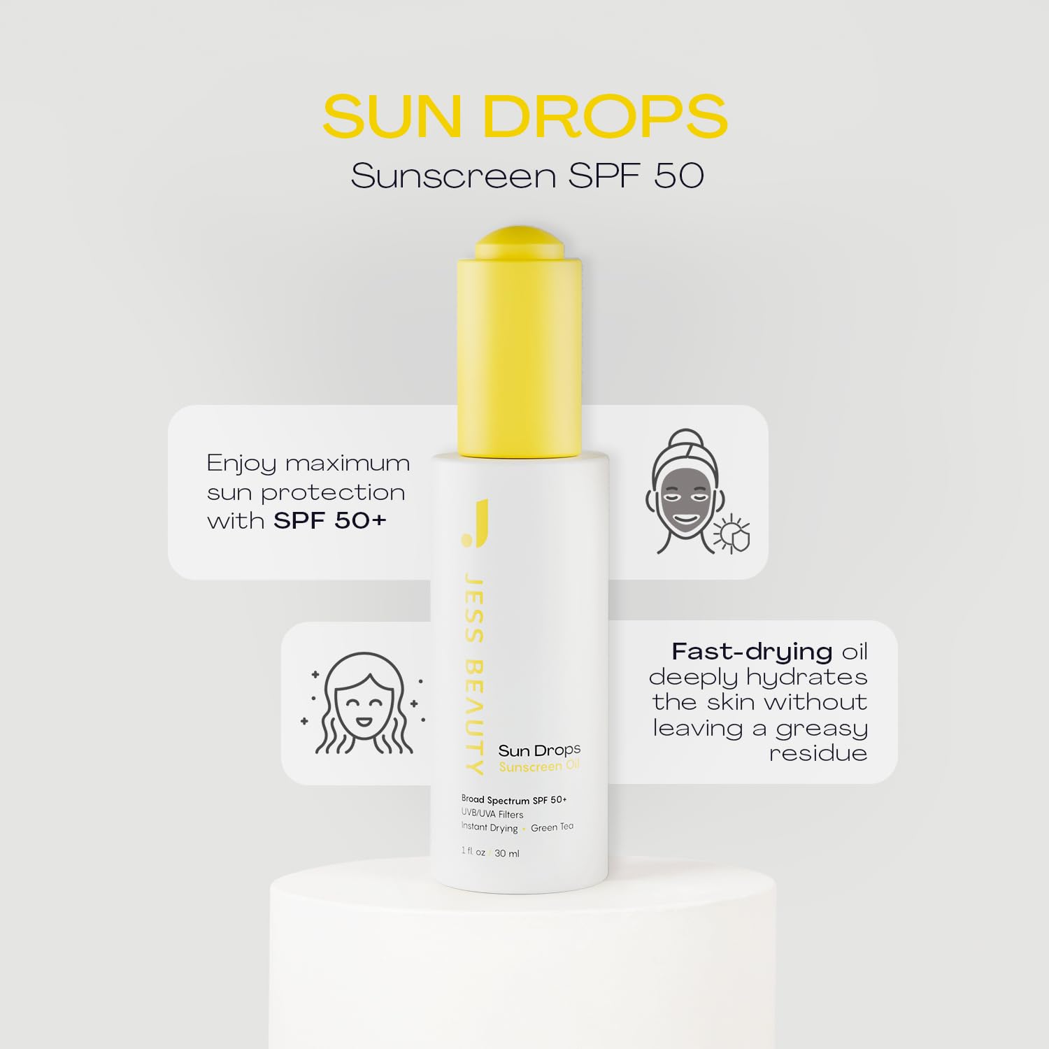 JESS BEAUTY dropper with oil texture highlighting quick absorption benefit