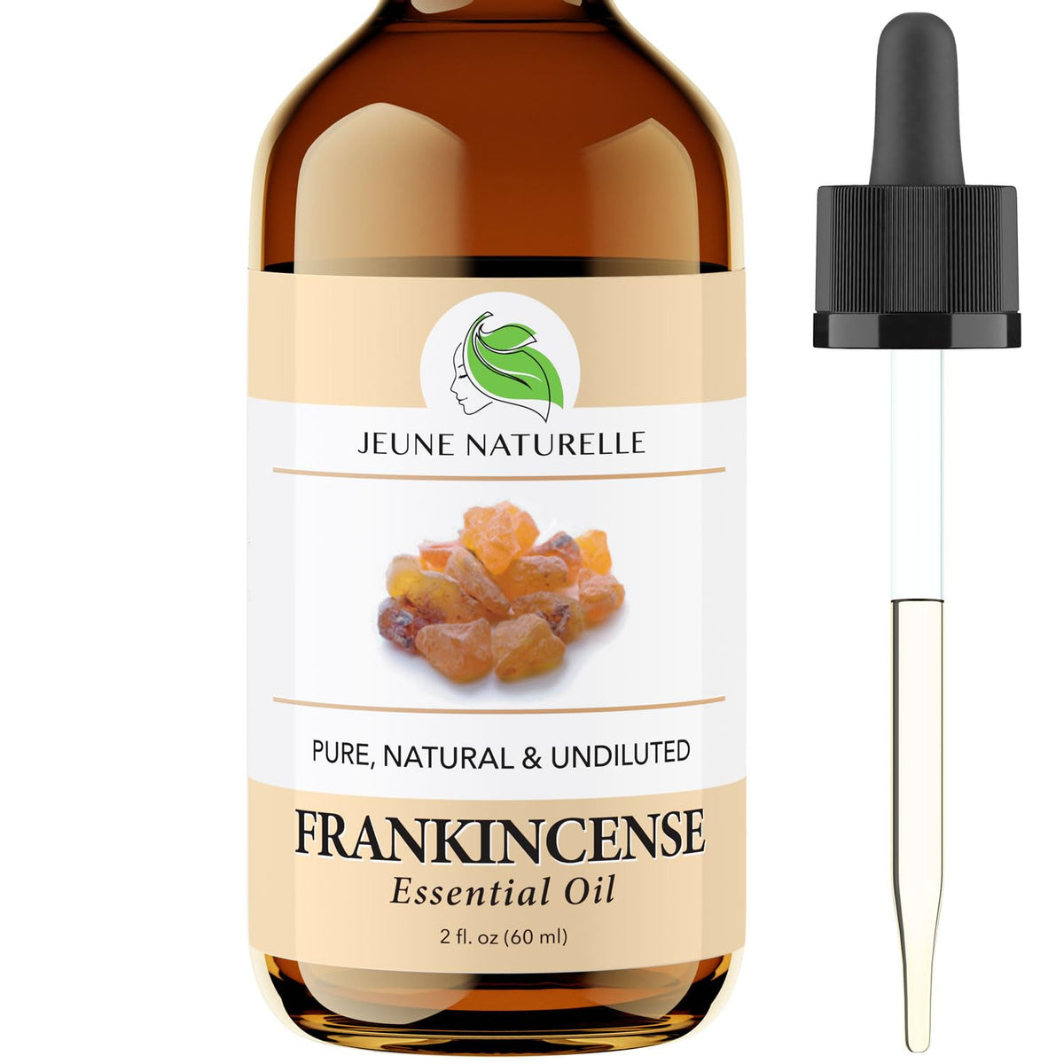 Jeune Naturelle frankincense front bottle showing amber packaging and purity benefits
