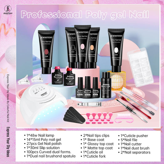 JEWHITENY close-up of 14 poly gel tubes, highlights smooth consistency and range