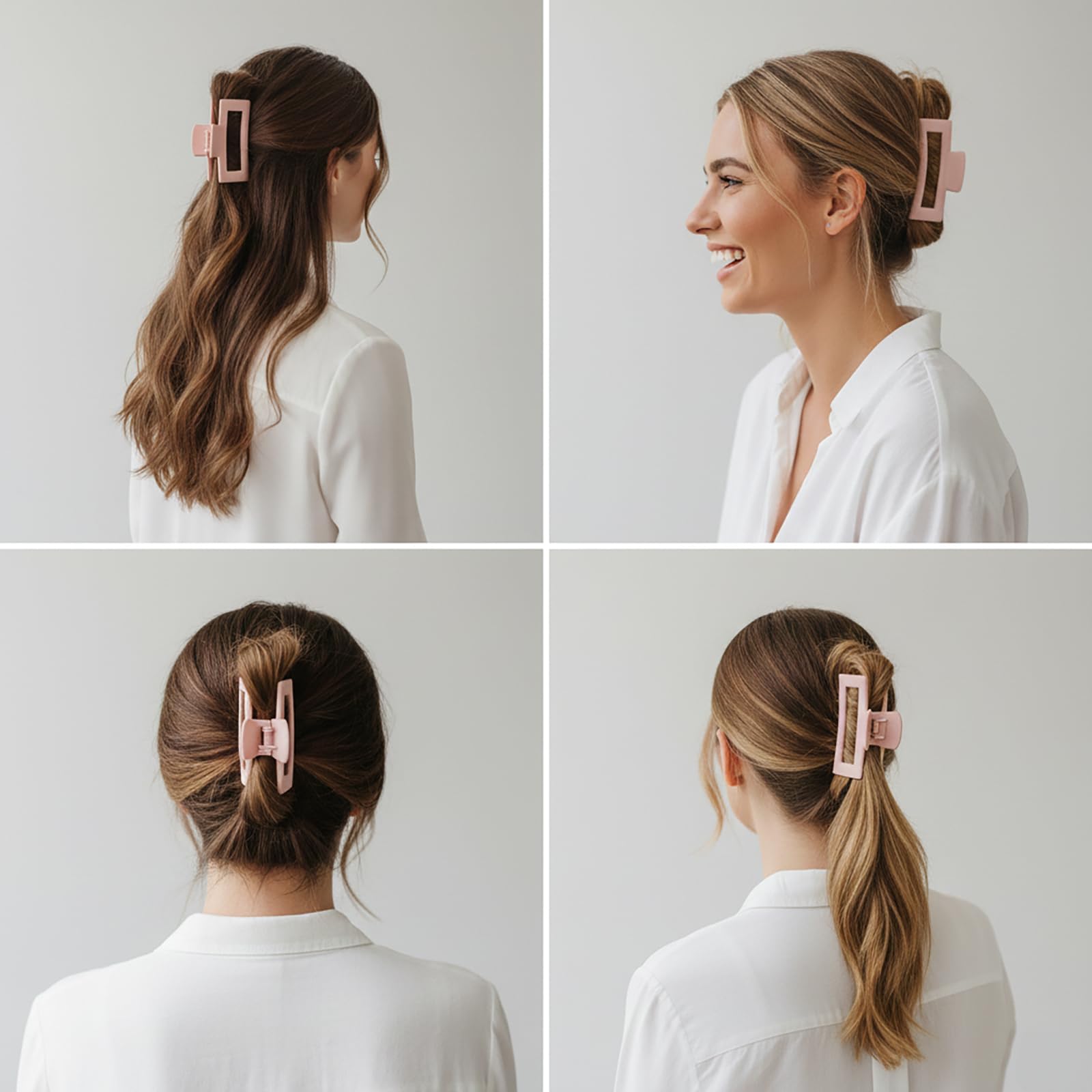 JGQUR claw clip holding a bun, demonstrating quick secure styling