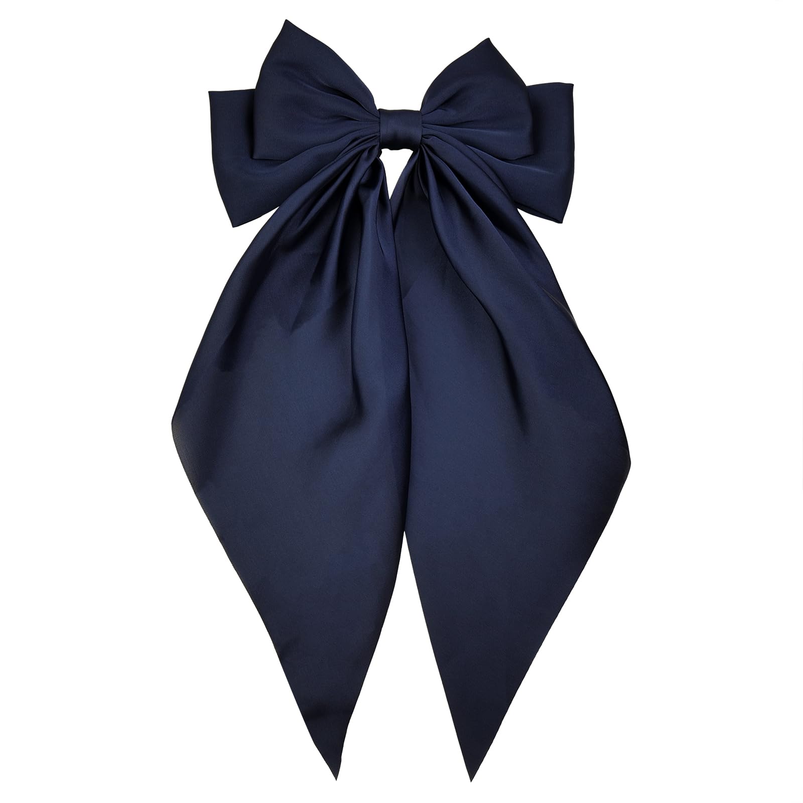 JGQUR navy satin bow front view adds polished, elegant finishing touch