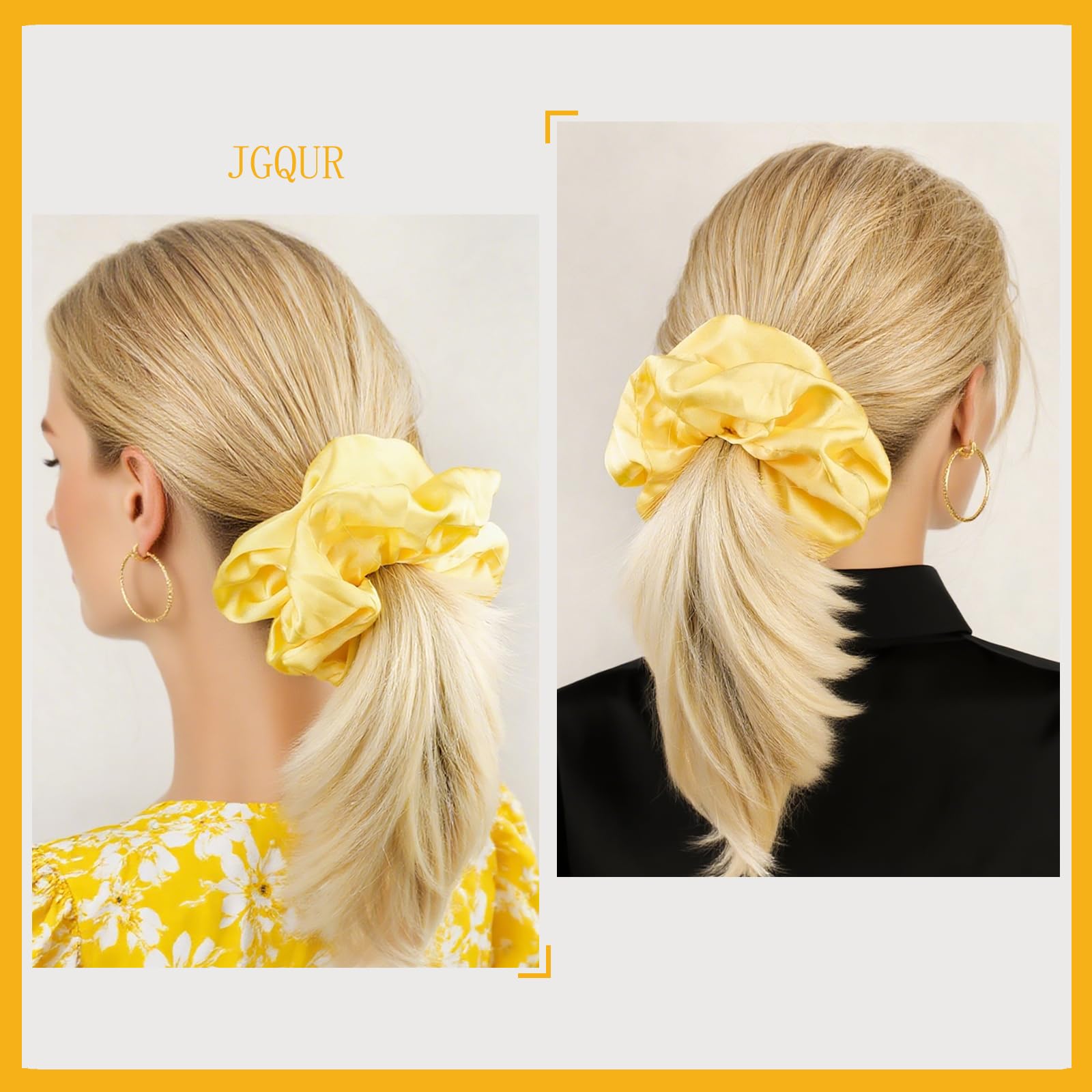 JGQUR oversized scrunchie forming a large bun with soft, crease-free finish