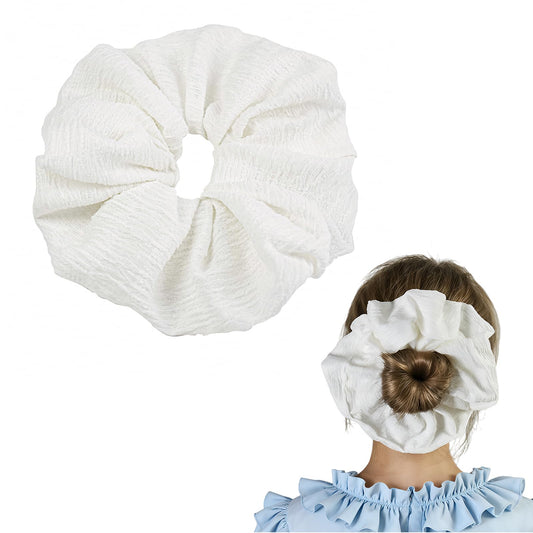 JGQUR white scrunchie front view showing clean style and comfortable hold