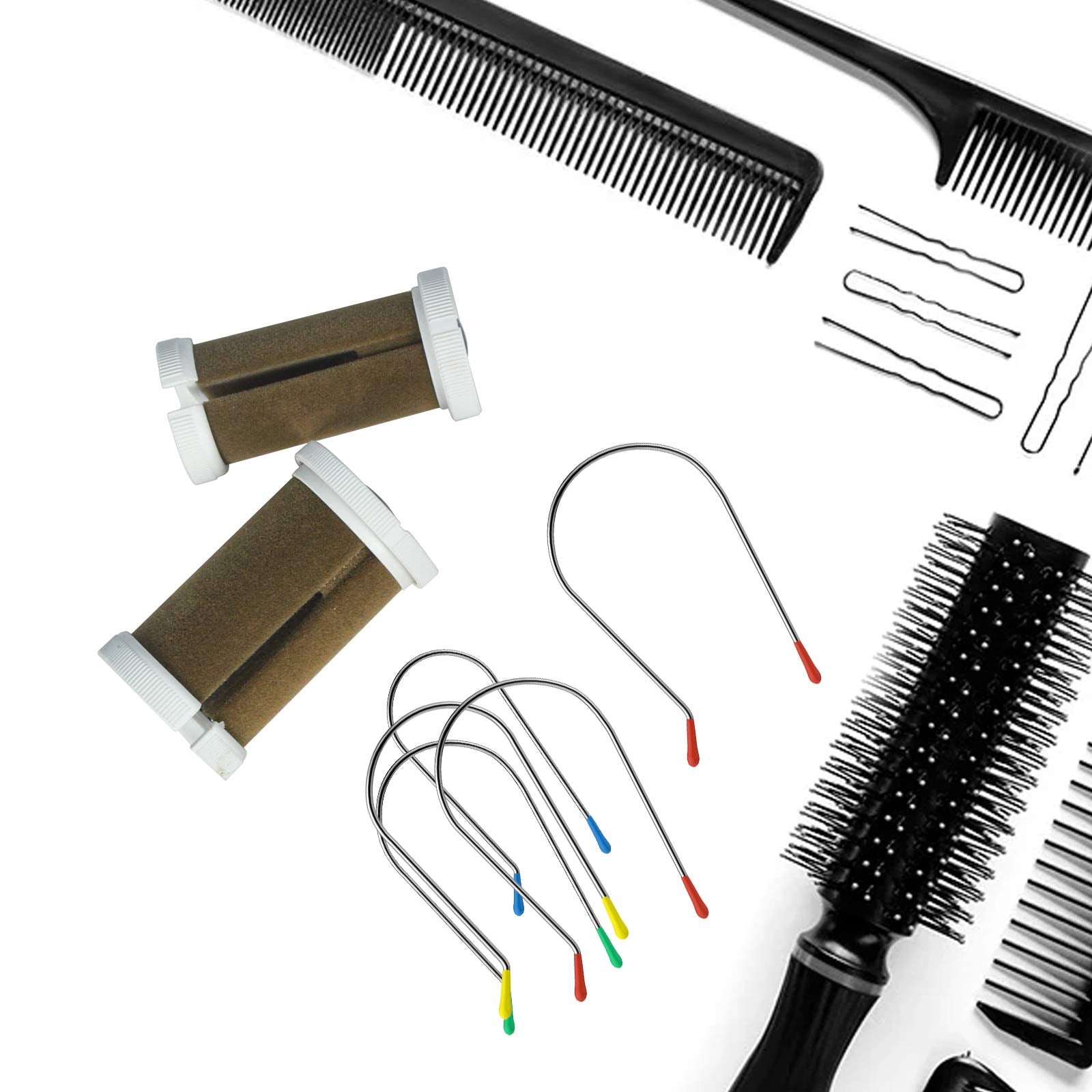 Jicoyin clips arranged on a vanity with rollers showing professional styling readiness