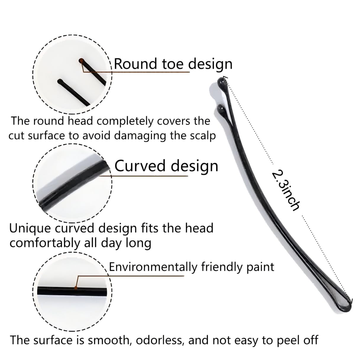 Jimmidy close-up of curved pin head showing rounded tip for scalp comfort