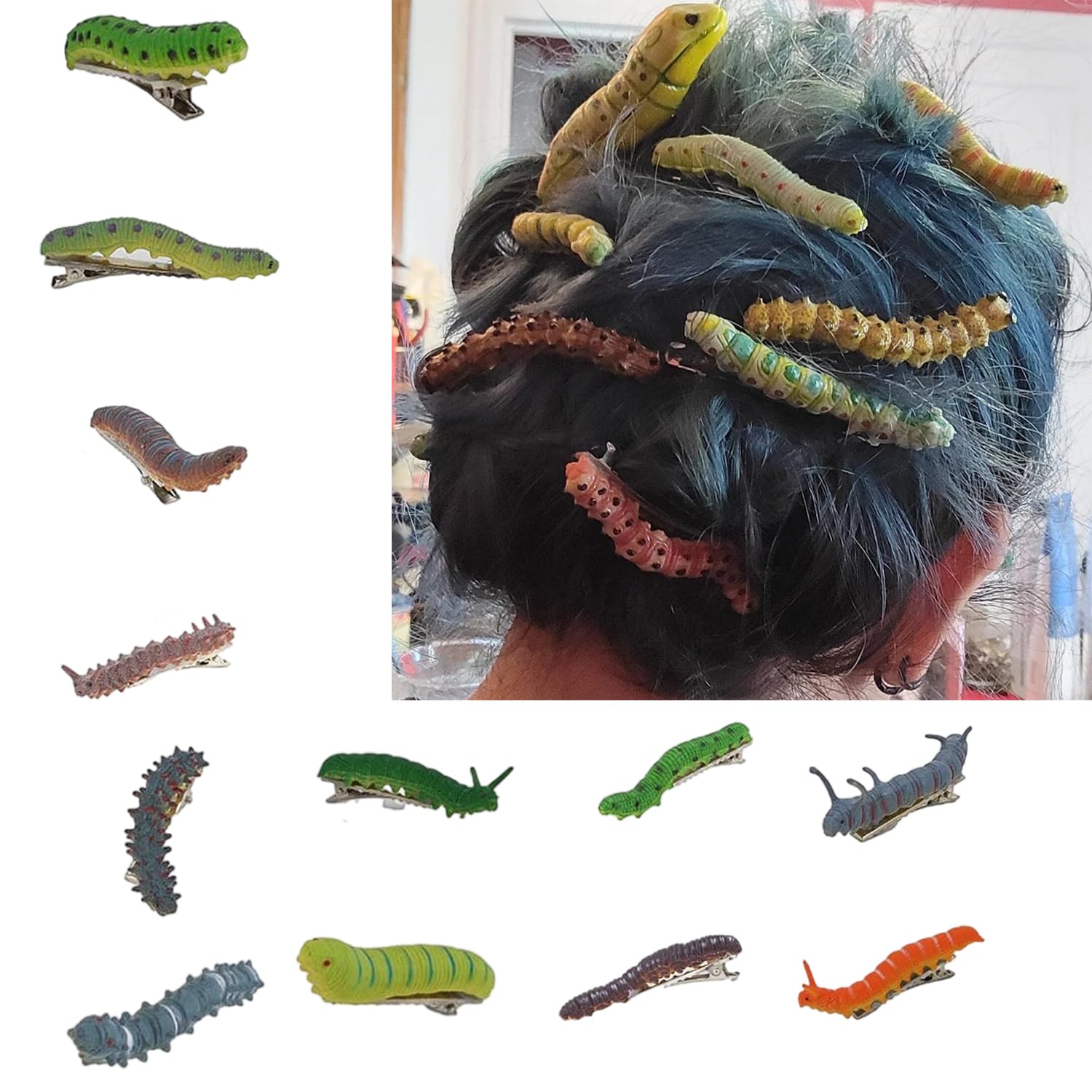 JINBUYAO front view of 12-pack caterpillar clips showing colorful assortment and gifting appeal