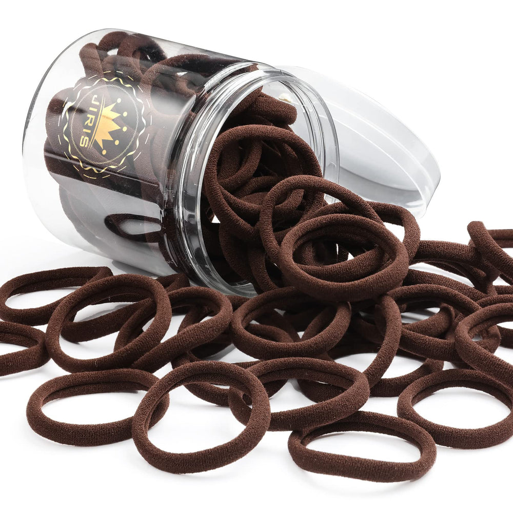 JIRIS clear jar pack showing fifty brown hair ties and neat storage benefit