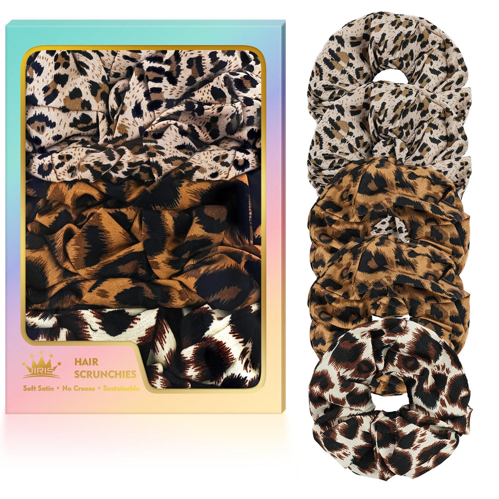 JIRIS front view of leopard satin scrunchies pack showing patterns and colors.