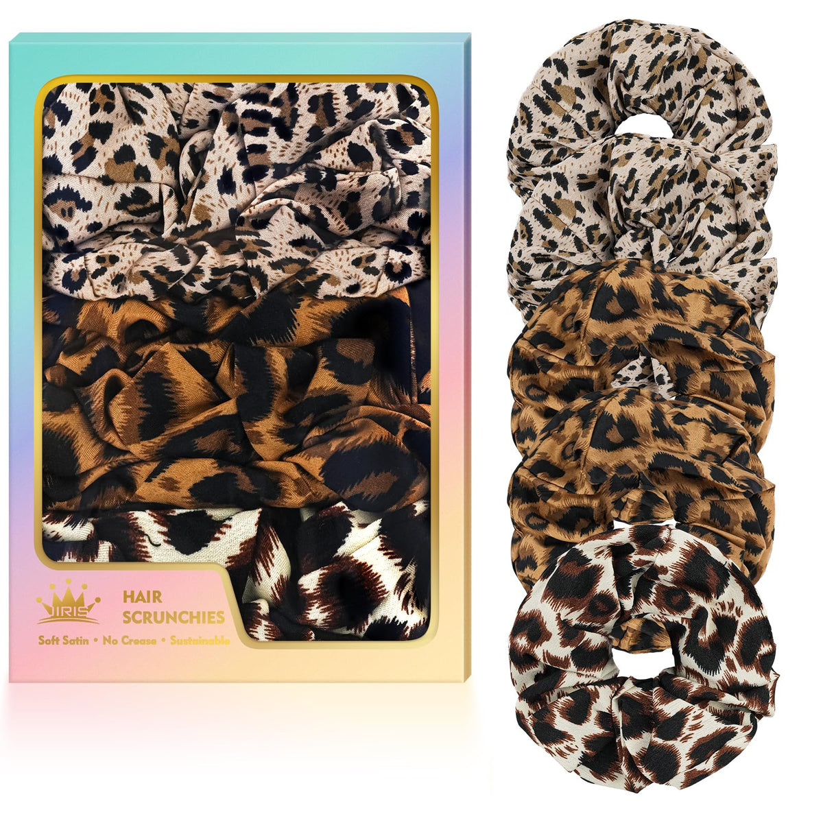 JIRIS front view of leopard satin scrunchies pack showing patterns and colors.