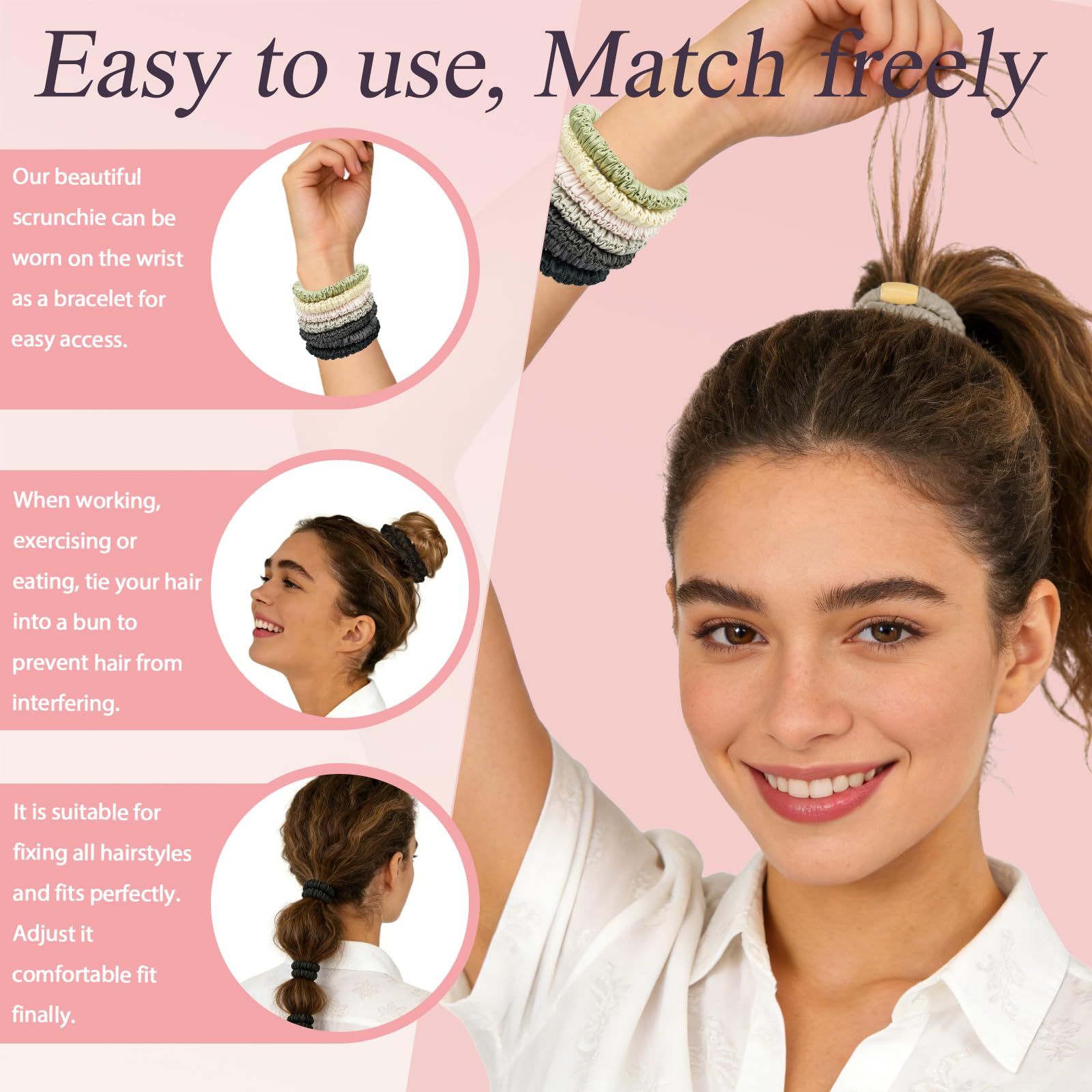 JIRIS scrunchie holding a high ponytail with minimal crease and frizz control