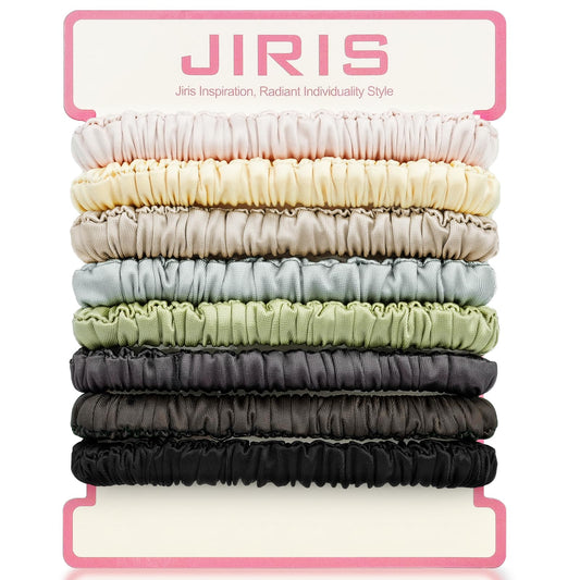 JIRIS front packaging showing eight colorful satin scrunchies and neat arrangement for gifting