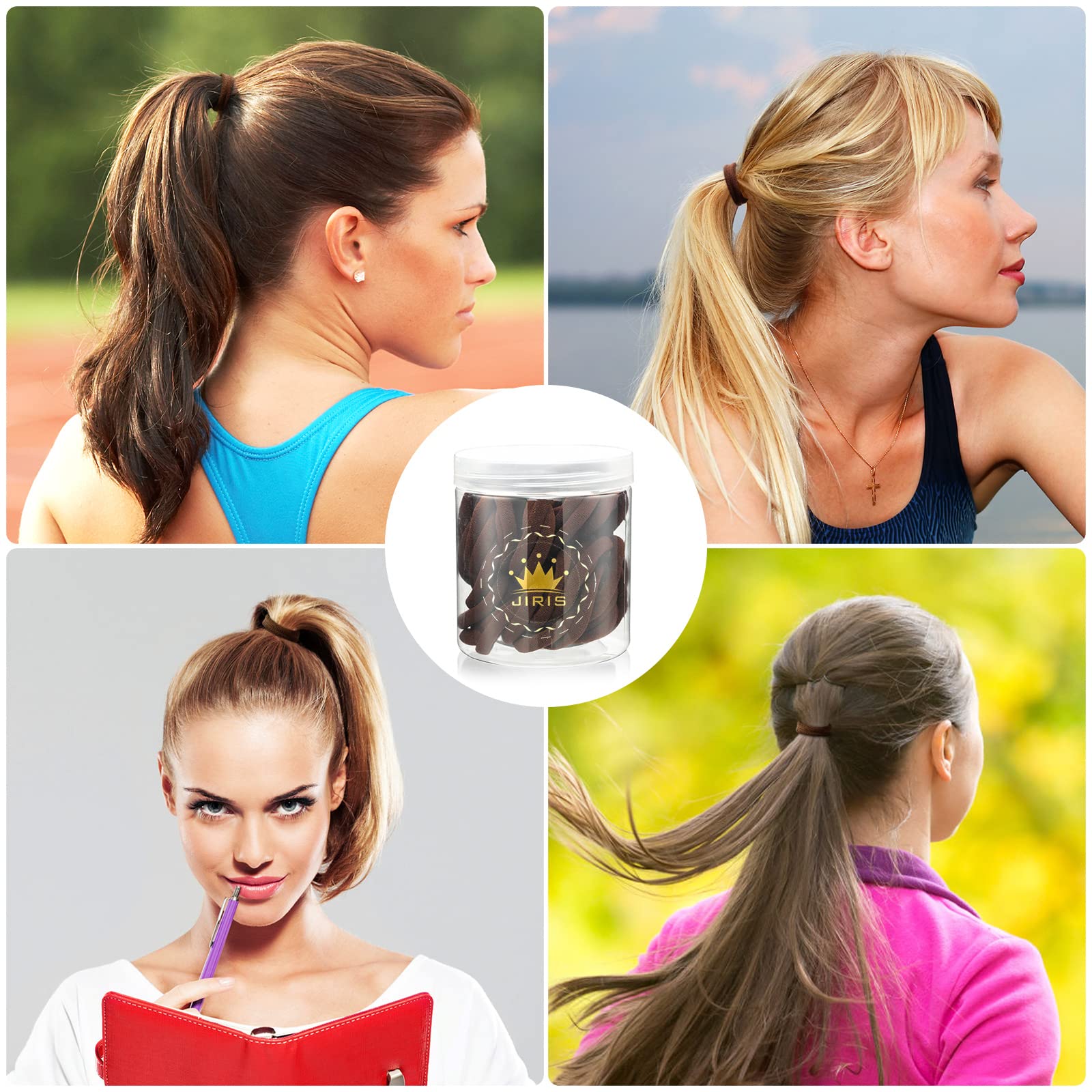 JIRIS hair tie beside a coin showing size and compact convenience