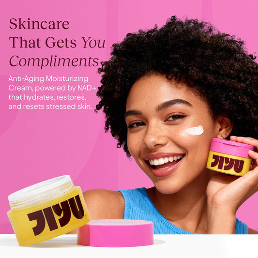JIYU open jar revealing creamy lightweight texture and hydrating finish for quick absorption